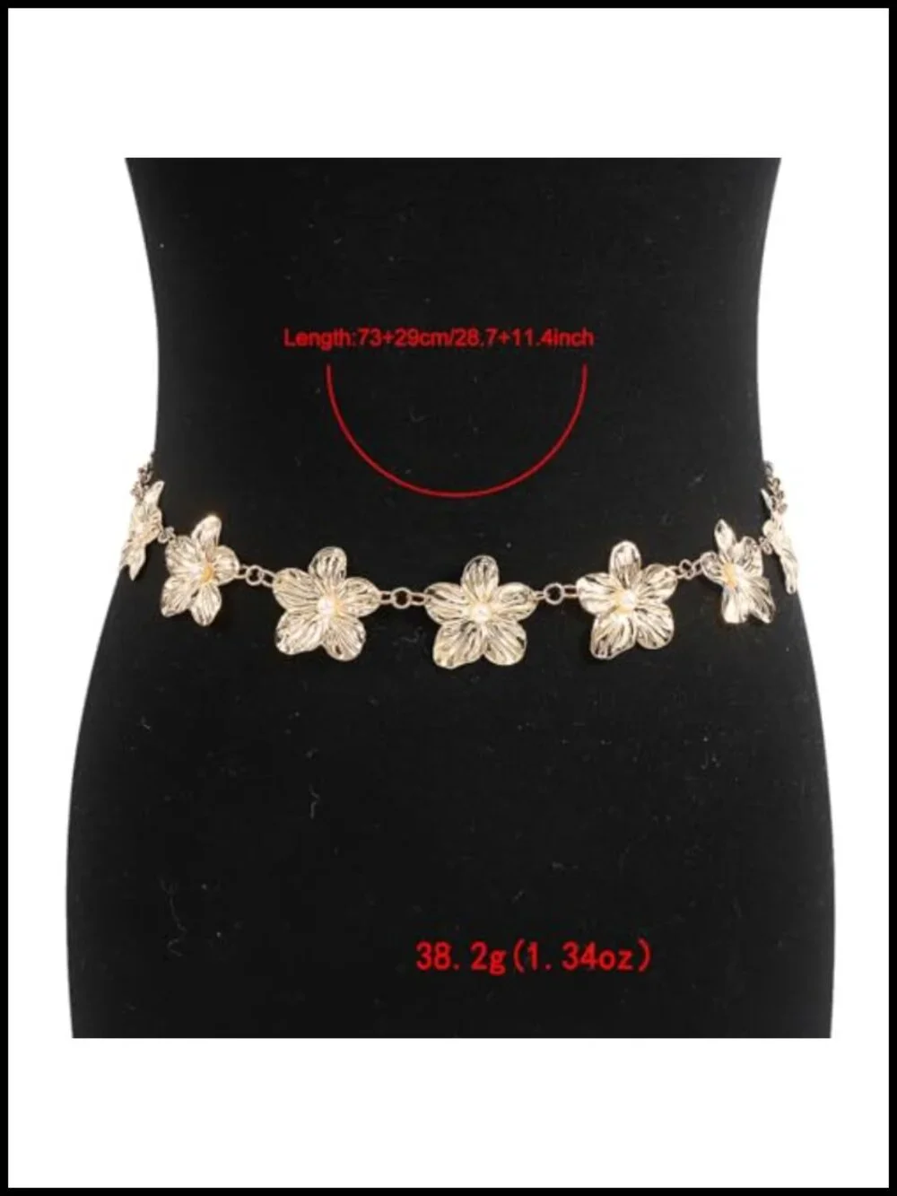 Metal Adjustable Waist Chain Belt with Pearl Flowers Floral Link Belly Body
